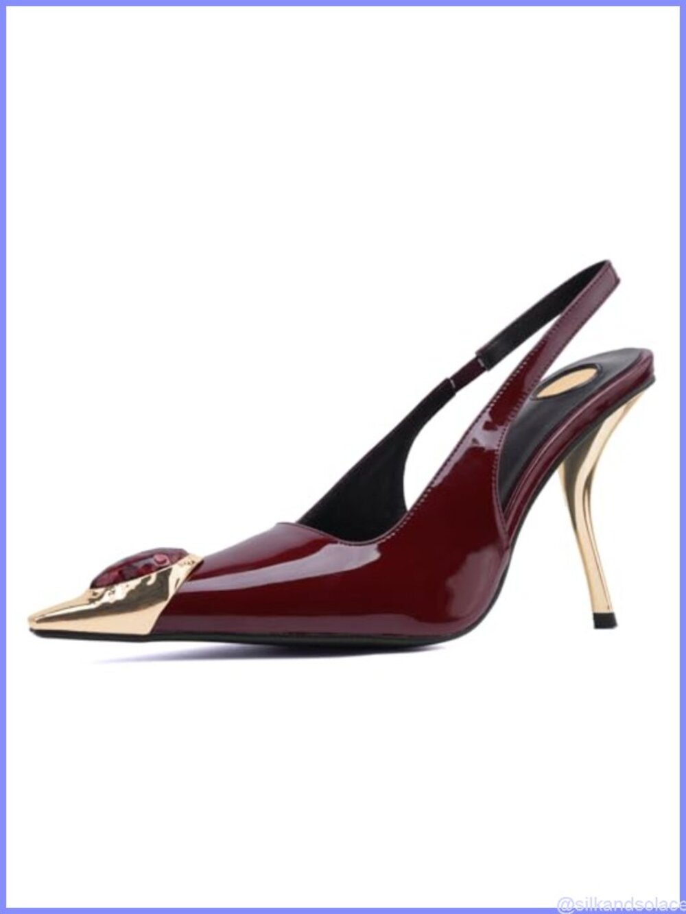 Rhinestone Pointed Toe Slingback Stiletto Heels Faux Patent Leather